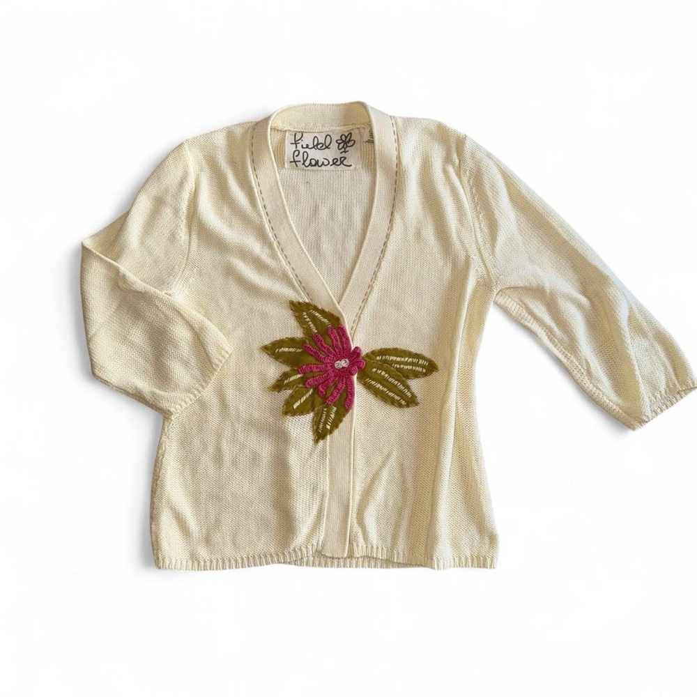 Anthropologie Field Flower Cream Pink and Green Knit and Embroidered cardigan